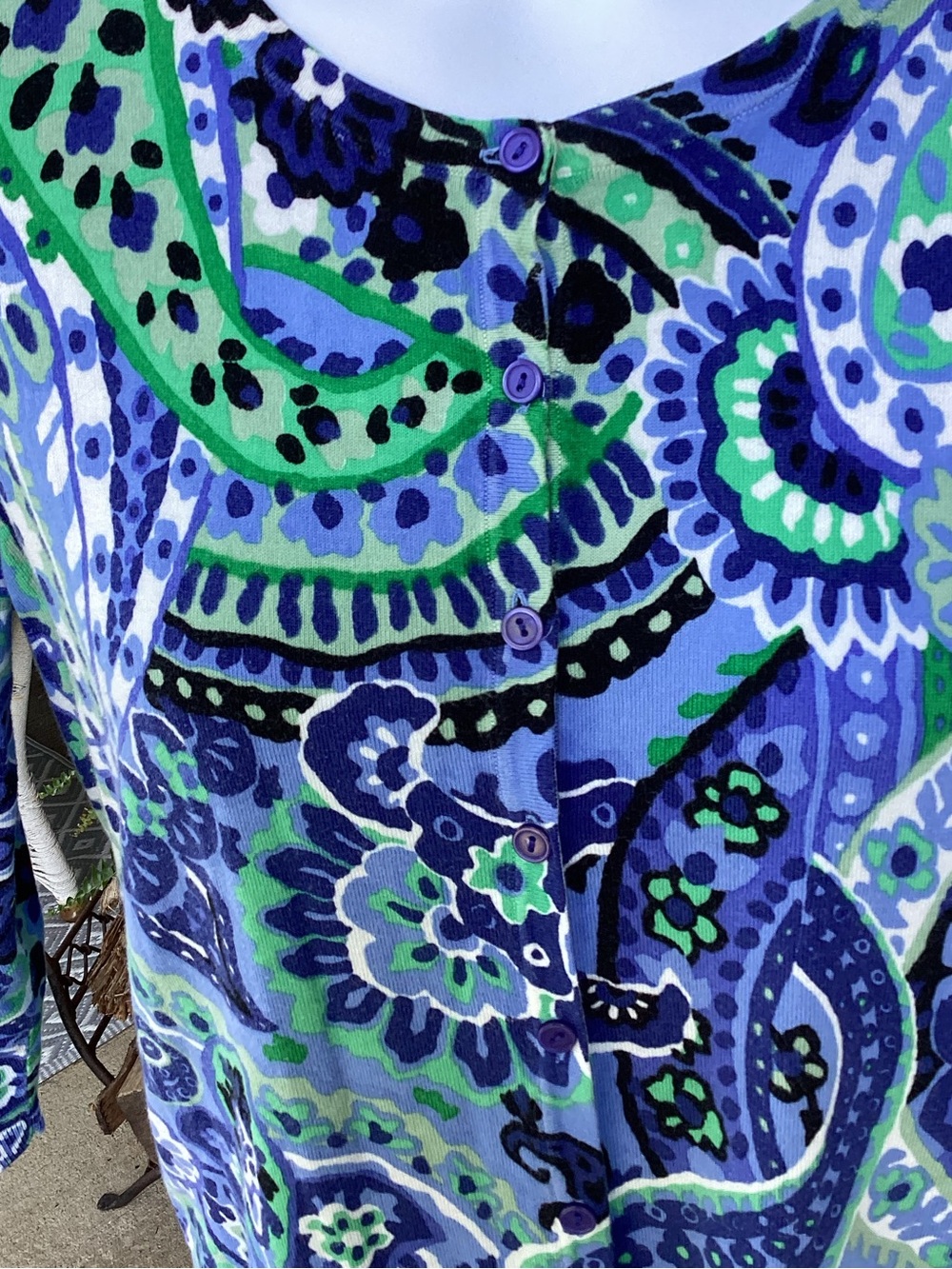 Talbots Blue Green Paisley Three Quarter Sleeve Lightweight Knit Sweater XL NWOT - Picture 5 of 10